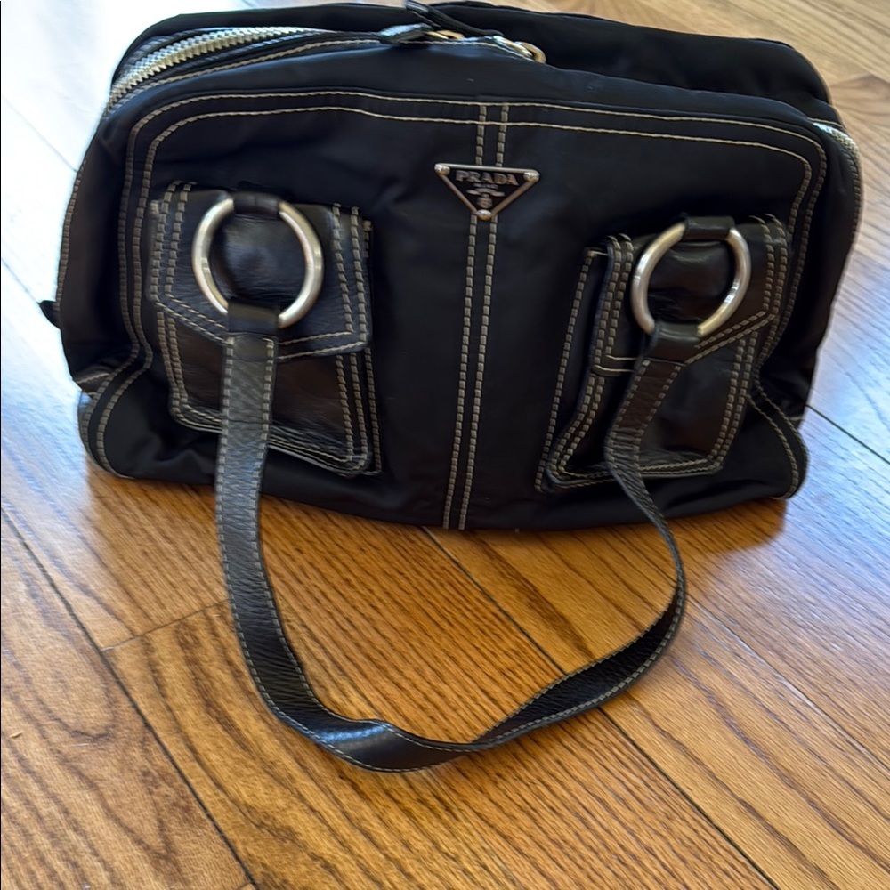 Prada Black Nylon Toiletry Shoulder Bag with Silver Rings